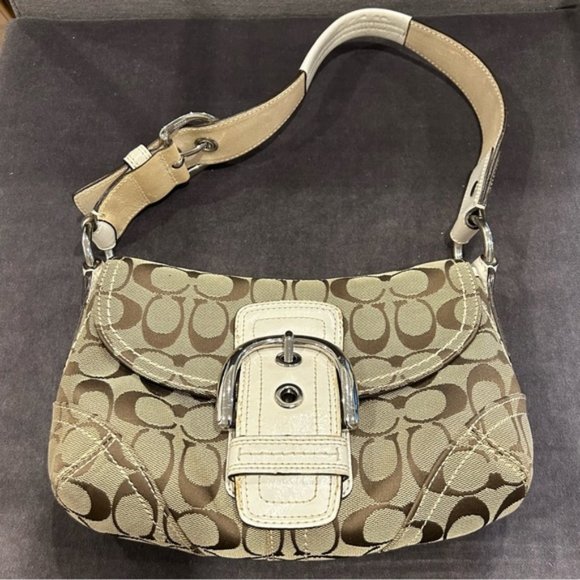Coach Handbags - Coach 11860 Soho Signature C Logo Khaki Canvas White Buckle Shoulder Bag